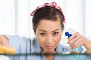 woman with spray cleaner bottle